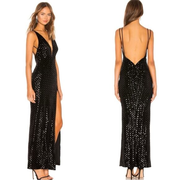 Michael Costello x Revolve Emmanuella Black Sequin Gown With Front Slit. - Picture 1 of 12